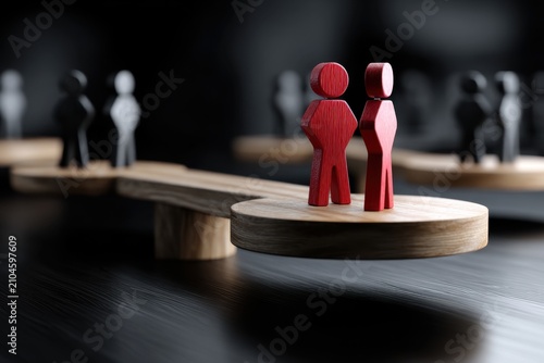 Wooden red human figures balancing on a modern wooden seesaw against blurred black figures representing teamwork and equality concepts in business settings