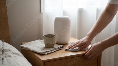 Hands wiping wooden nightstand near white humidifier in bedroom
