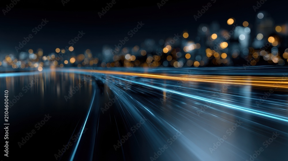 Fototapeta premium Futuristic cityscape at night with glowing blue and orange light trails creating dynamic streaks over reflective surface and blurred skyline in the background