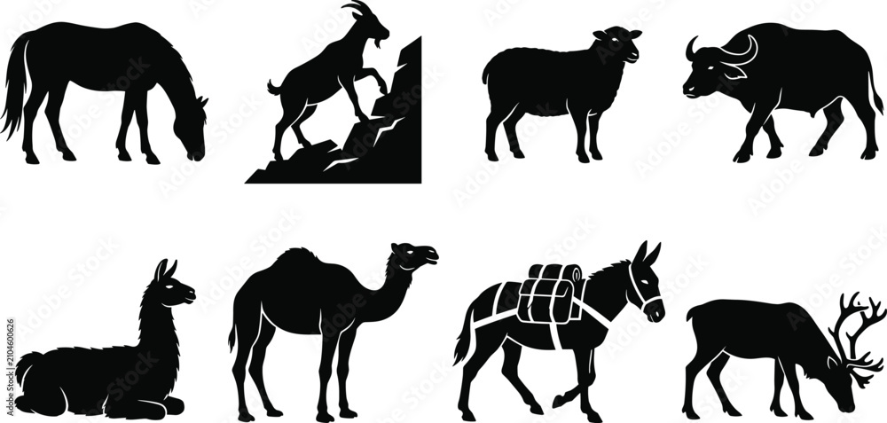 Fototapeta premium Collection of diverse farm and wild animal silhouettes featuring horse, goat, sheep, buffalo, camel, and deer