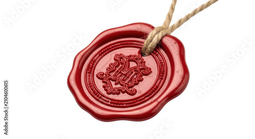 Red wax seal with a hanging rope isolated on transparent background