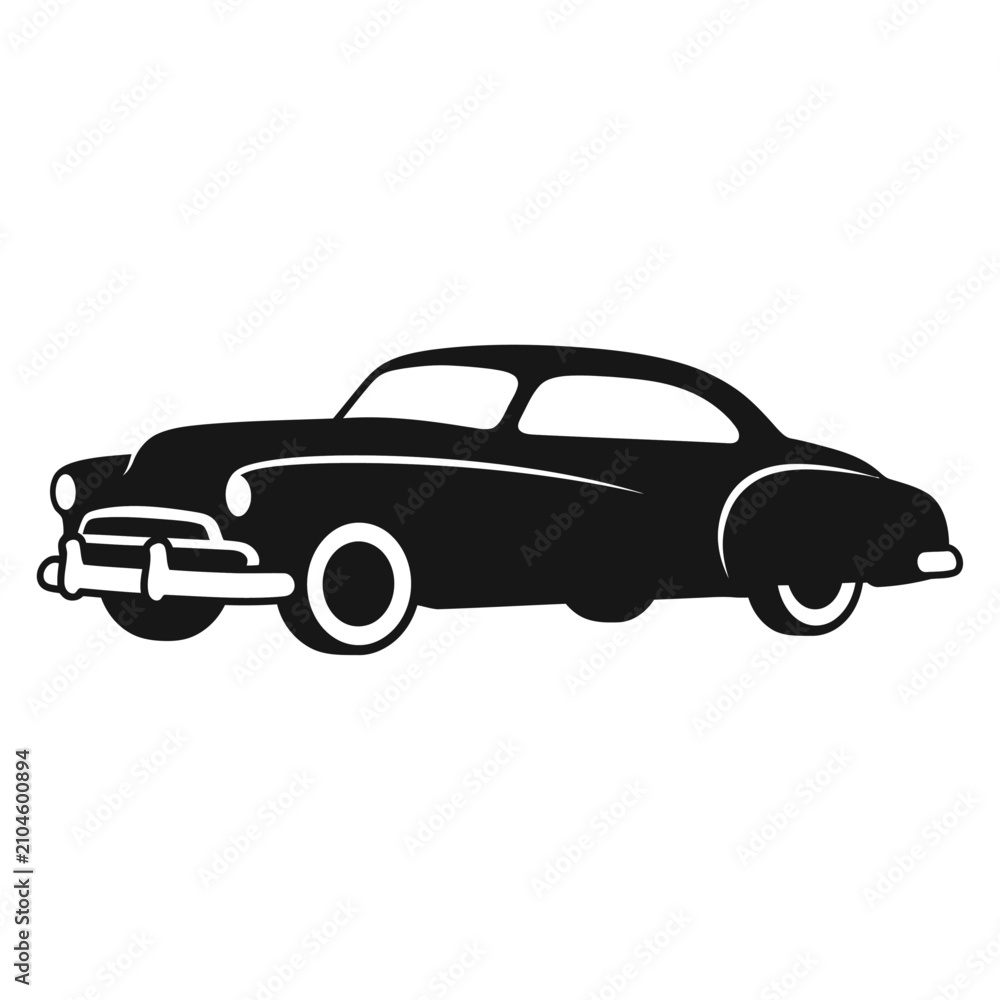 Fototapeta premium Vintage classic car silhouette vector, retro 1950s sedan automobile icon, black and white antique vehicle graphic for logo design