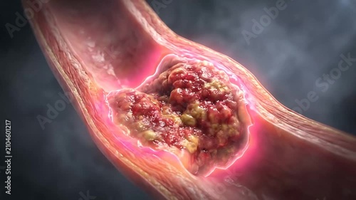 Detailed Visualization of a Blocked Artery with Clot Formation and Plaque buildup for Medical Explanation