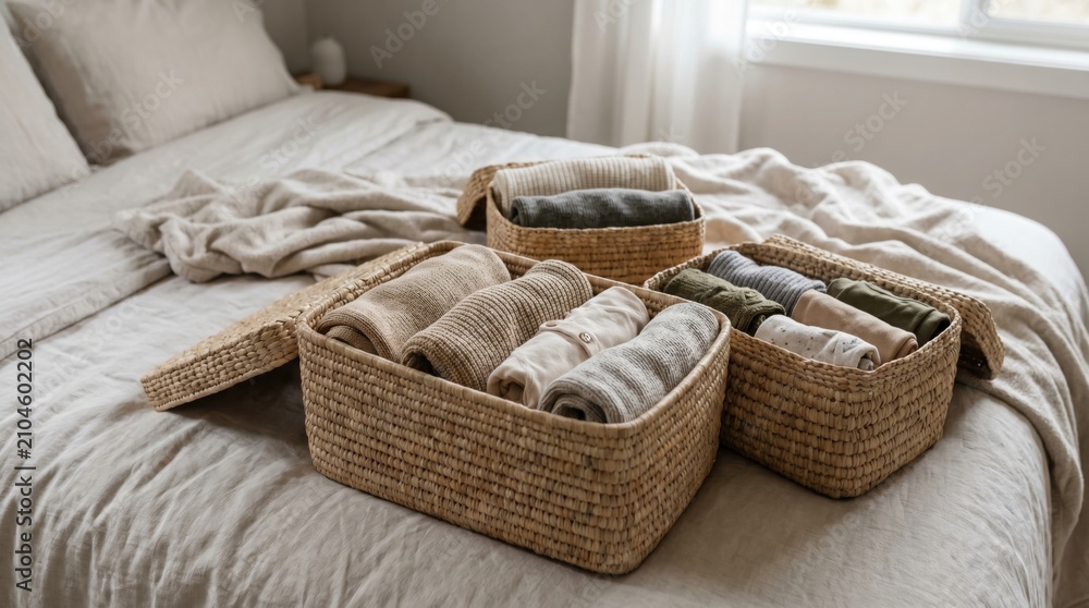 Obraz premium Folded knitwear and clothing organized in woven baskets on a bed