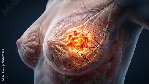 Animated visualization of breast cancer development including tumor growth and vascular changes