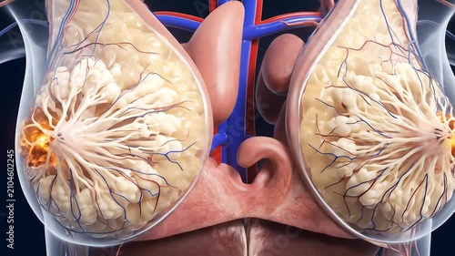 Detailed anatomical visualization of breast tissue with emphasis on internal structures and blood vessels for medical education