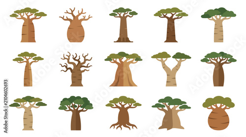 Flat Design Baobab Tree Vector Illustration Set