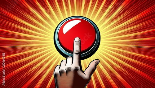 hand pressing a large red button with a comic book style click speech bubble in a sunburst background symbolizing action or decision