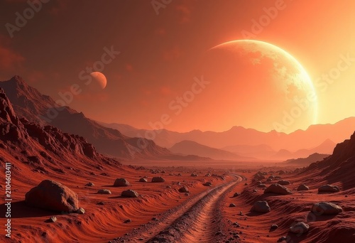 Close-up of a rocky exoplanet surface with red dust storms and twin moons rising, rover tracks in foreground, hyper-detailed craters and mineral textures, space exploration commercial