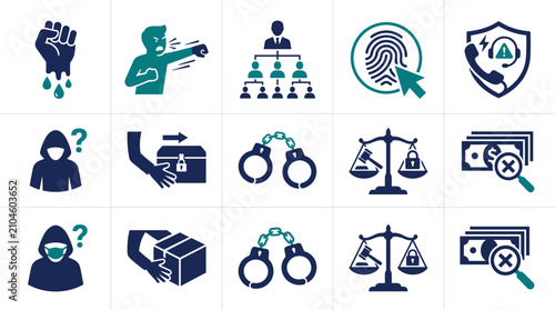 Bild auf Leinwand Collection of crime and justice icons depicting fraudulent activities security threats and legal processes