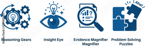 Foto Collection of business icons for reasoning insight evidence and problem solving illustrated in blue style