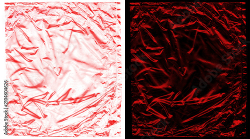 Crumpled red plastic texture background, wrinkled metallic foil surface, abstract ruby red creased paper material for graphic design overlays
