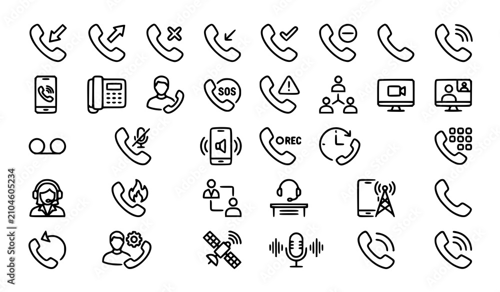 Fototapeta premium Phone Call Outline Icons Set with Editable Stroke Communication Contact and Telecommunication Vector Collection