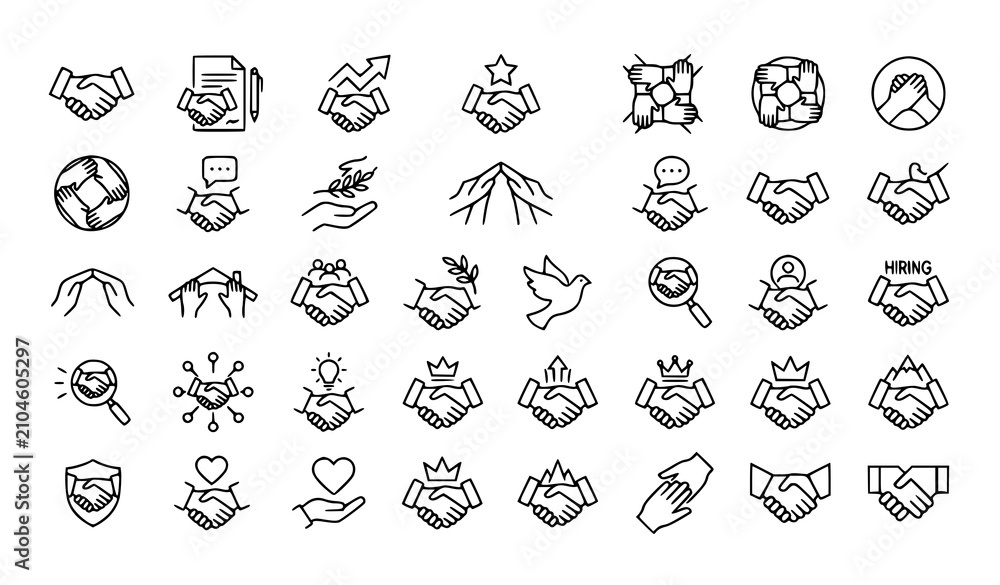 Fototapeta premium Minimal Handshake Line Icon Bundle Editable Stroke Partnership Agreement Business and Teamwork Vector Symbols