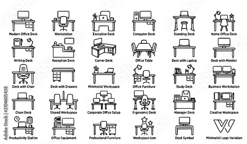 Office Desk Outline Icons Set with Editable Stroke Workspace Furniture Business and Office Vector Collection