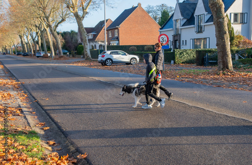 Mother and son walking their husky dog on a residential street during autumn, surrounded by fallen leaves and suburban houses