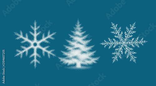 Merry Christmas. A set of winter objects in halftone: Christmas tree, snowflakes Not AI, vector illustration.