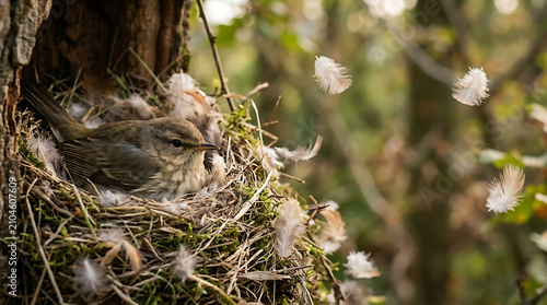 Tiny bird chick nestled in a mossy nest with soft feathers drifting in the gentle breeze