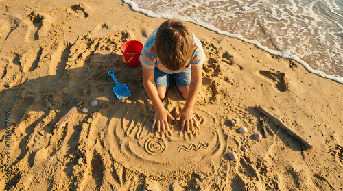 Young child creating art in the sand at the beach with hands