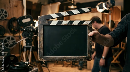 Filmmaker holding vintage film clapperboard on movie set with professional camera equipment and warm studio lighting in background for cinema production.