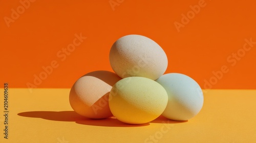 Four pastel-colored eggs arranged in a pyramid shape casting shadows on a vibrant orange and yellow background with soft natural lighting for artistic contrast