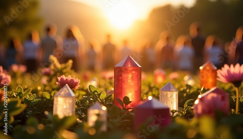 Happy people enjoying a holistic health festival outdoors, symbolizing joy, wellness