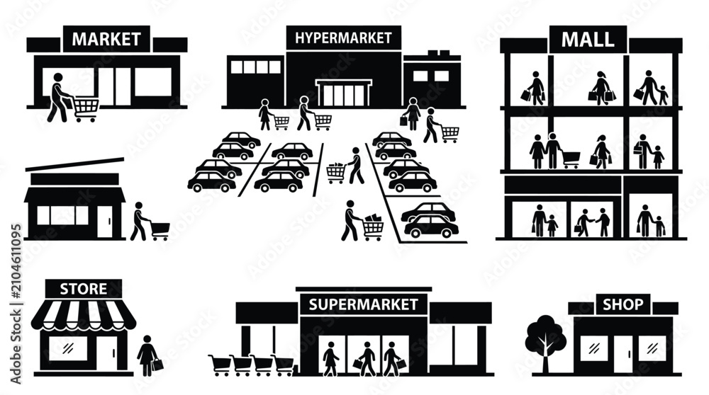 Fototapeta premium Black and white vector illustration showing various commercial shopping buildings with people and shopping carts