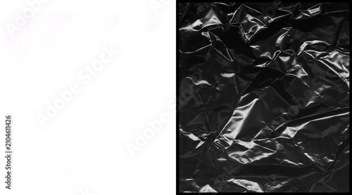 Crumpled black plastic texture background, wrinkled dark synthetic material with highlights, creased glossy polyethylene film for edgy graphic design