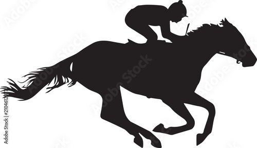 Quadro su tela Galloping racehorse with jockey silhouette in dynamic black and white vector sty