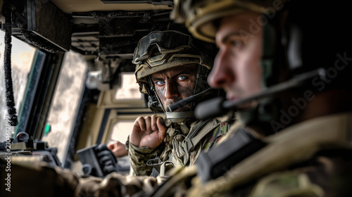 British Army Challenger 2 tank crew operating inside a modern main battle tank during a realistic combat exercise in the UK. Commander and gunner coordinating tactical actions, usi