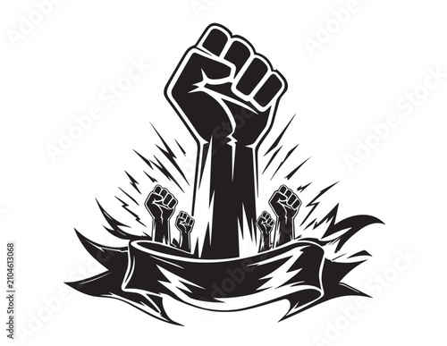 Raised fists with ribbon banner a black and white vector illustration