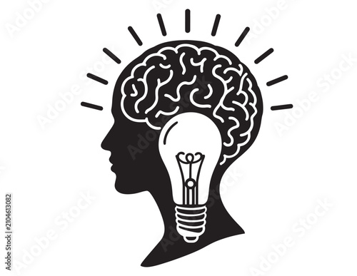 Human head silhouette containing light bulb and brain vector illustration