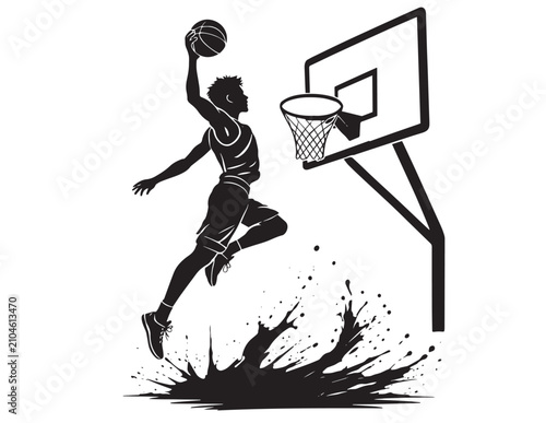 Fotografie Basketball player silhouette dunking with hoop and splash black on white