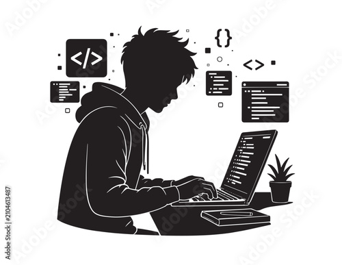 Foto Silhouette of person typing on laptop with coding symbols black vector