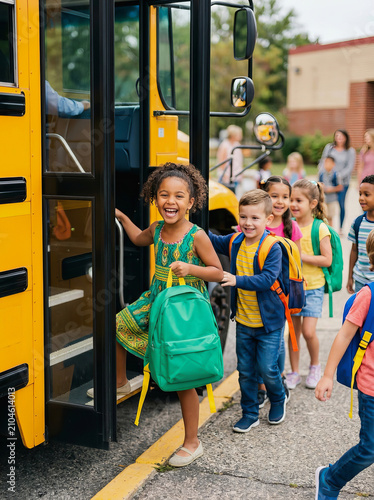 Happy school children with backpacks boarding a yellow bus at the start of their day.