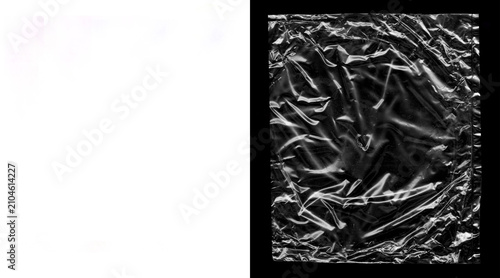 Bild auf Leinwand Crumpled plastic wrap texture on black background, wrinkled transparent cellopha