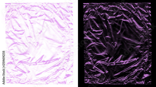 Crumpled purple plastic texture, creased violet cellophane background, wrinkled metallic foil surface for abstract graphic design and packaging mockups