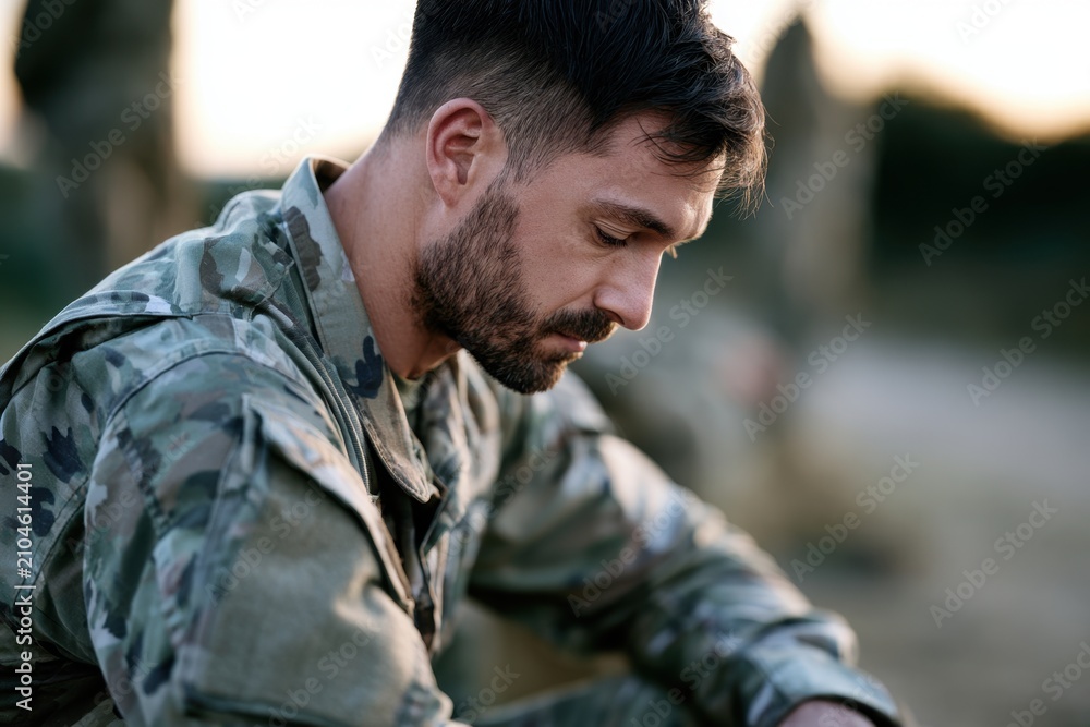 Fototapeta premium Thoughtful male soldier in camouflage military uniform sitting outdoors reflecting during a calm sunset moment in a serene natural environment