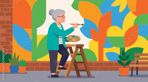 Senior Woman Painting a Colorful Mural on a Wall