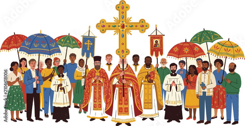 Traditional religious parade featuring ornate ceremonial umbrellas and a large wooden cross, symbolizing deep spiritual faith, cultural heritage, and communal devotion during a festival.