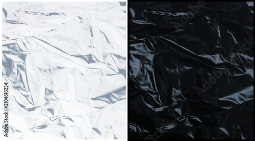 Konstfotografi Crumpled plastic wrap textures, black and white wrinkled cellophane film backgro
