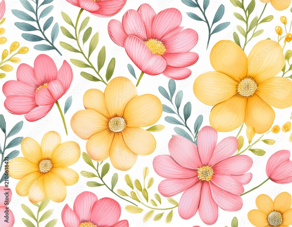 Obraz premium simple watercolor pattern with cute pink and yellow flowers isolated