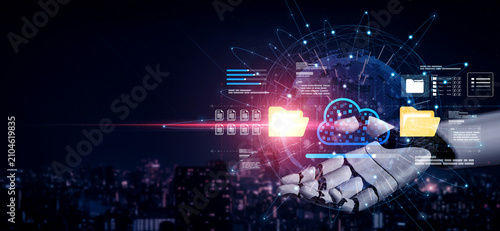 Foto A robotic hand reaches out to manipulate holographic data, symbolizing the innovative blend of technology and cloud solutions in a modern urban setting