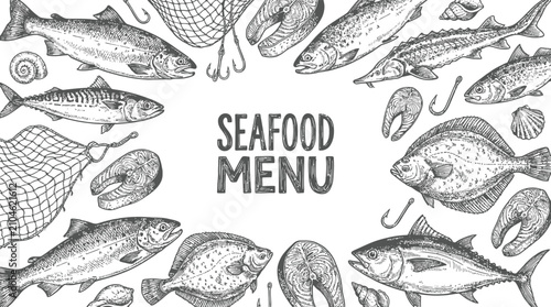 Hand Drawn Seafood Collection Featuring Vintage Fish Sketch Illustrations and Marine Life Elements Set for Restaurant Menu Frame Design Engraving Style Vector Graphics