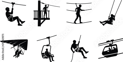 Photos Adventure sports and outdoor high ropes course activity silhouette icons set for