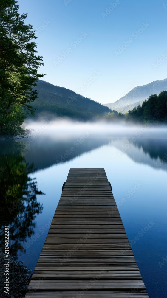 Fototapeta premium Serene wooden pier extending into a calm lake surrounded by misty mountains and lush greenery under a clear blue sky at dawn