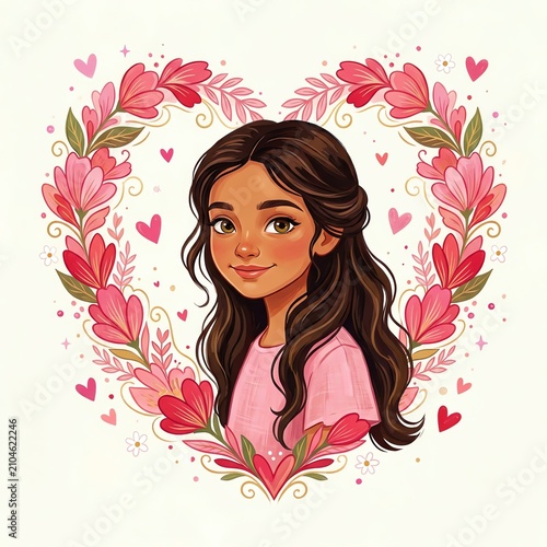 Young Girl Portrait in Heart Shaped Flower Wreath, Love and Friendship Concept