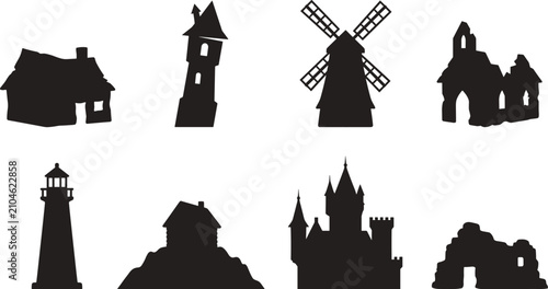 Obraz na płótnie Old Buildings and Historical Architecture Silhouette Icon Set with Castle Windmi