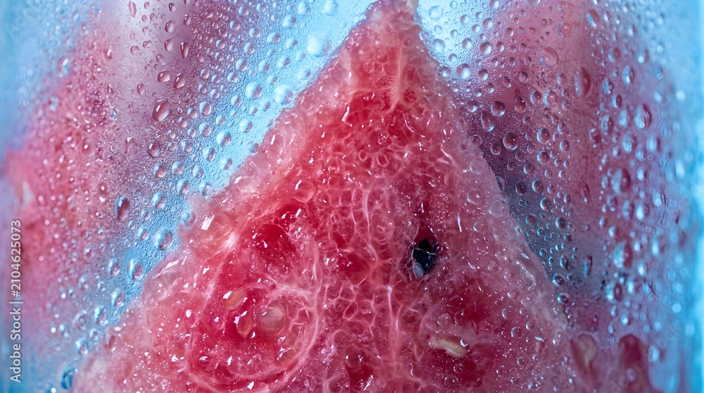 Fototapeta premium Fresh Triangles of Ripe Red Watermelon Chilled Behind Glass Covered with Sparkling Dew Drops