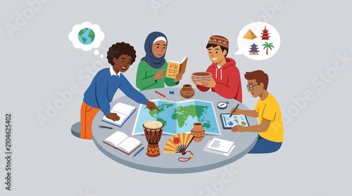 Diverse students learning geography, culture, and world landmarks in classroom